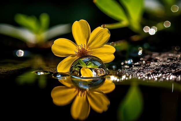 Foto macro una goccia d'acqua su una foglia di un fiore giallo