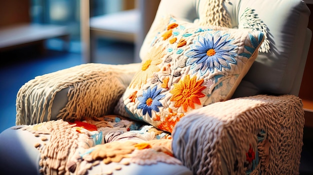 Macro of embroidered cushions on a comfortable armchair