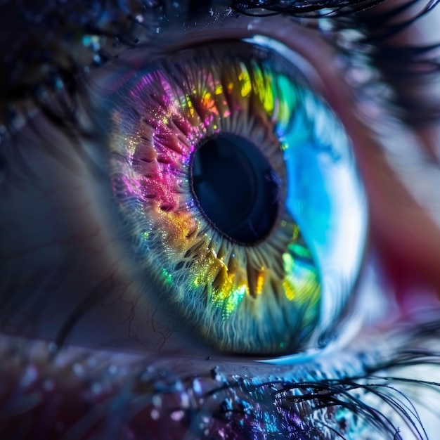 매크로 눈 아이리스 투명한 반이는 밝은 아이리스 클로즈업 아름다운 무지개 눈 매크로 사진 모방