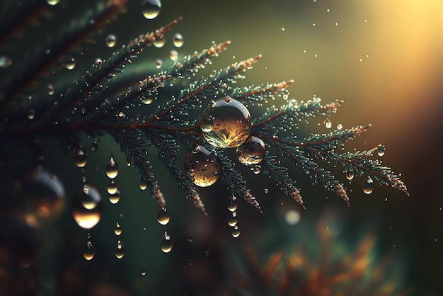 Macro fantasy of dew or raindrops on forest plants in golden sunlight generative ai