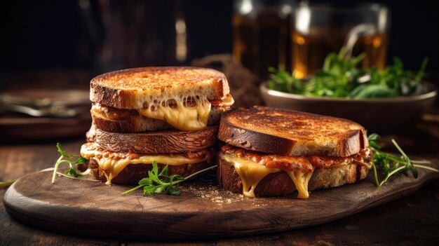 Macro Foto Gegrilde Kaas Sandwiches Op Steen Rustieke Pub Generatieve AI