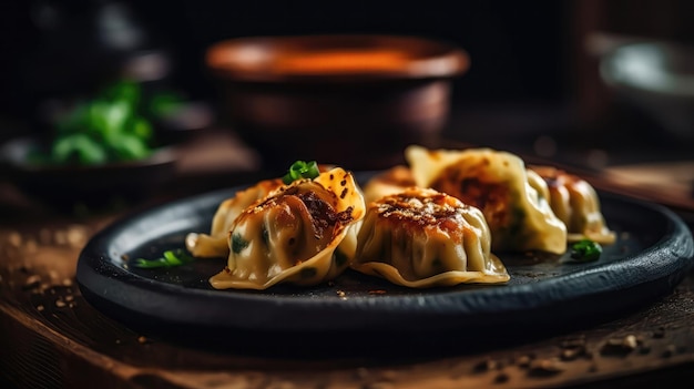 Macro Foto Gyoza Op Steen Rustieke Pub Generatieve AI