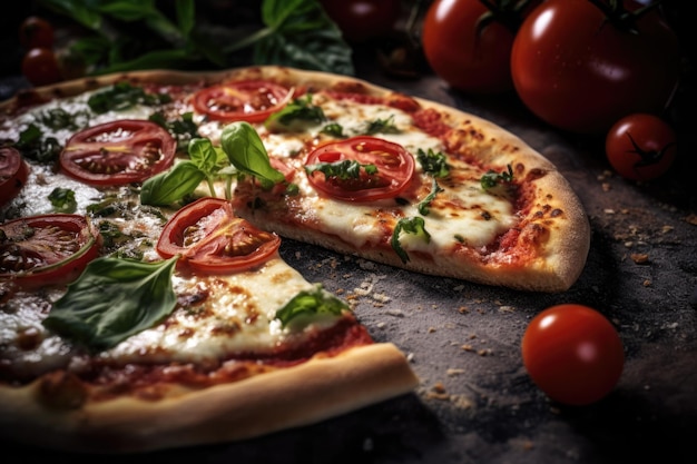 Macro Foto Margherita Pizza op steen Rustic Pub Generative Ai