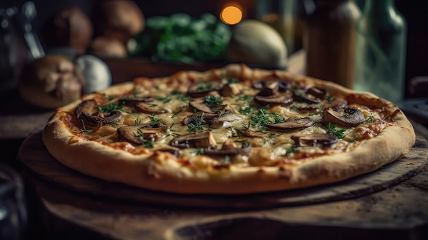 Macro Foto Paddestoel En Ui Pizza Op Steen Rustieke Pub Generatieve AI