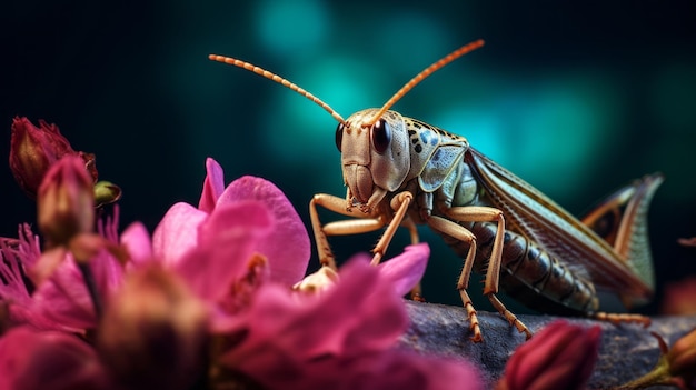 Macro foto van cicade zittend op bloemen Extreme macro close-up van een insect Zeer gedetailleerd