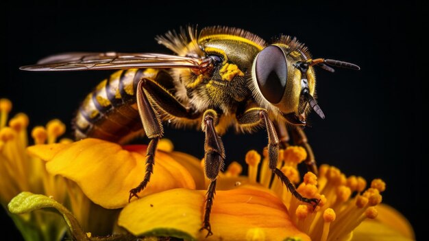 Macro foto van een bij zittend op bloemen Extreme macro close-up van een insect Zeer gedetailleerd