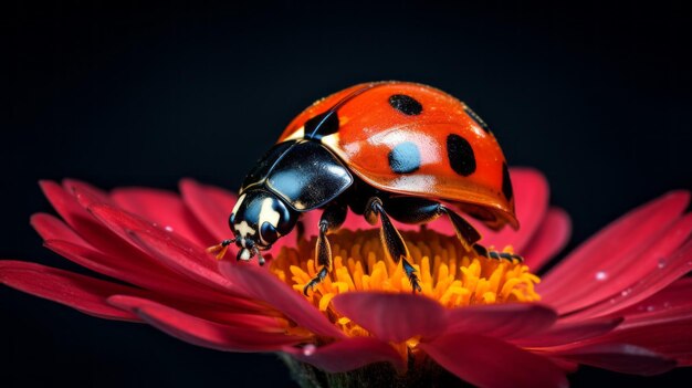 Macro foto van een lieveheersbeestje zittend op bloemen Extreme macro close-up van een insect Zeer gedetailleerd