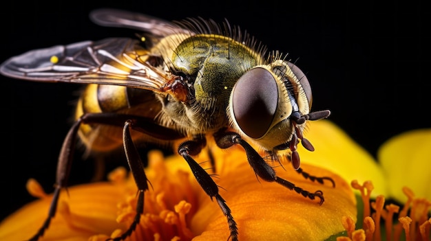 Macro foto van een vlieg zittend op bloemen Extreme macro close-up van een insect Zeer gedetailleerd