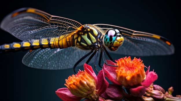 Macro foto van libel zittend op bloemen Extreme macro close-up van een insect Zeer gedetailleerd