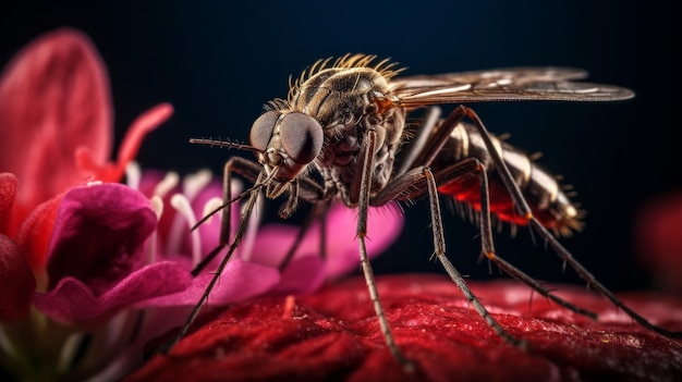 Macro foto van mug zittend op bloemen Extreme macro close-up van een insect Zeer gedetailleerd