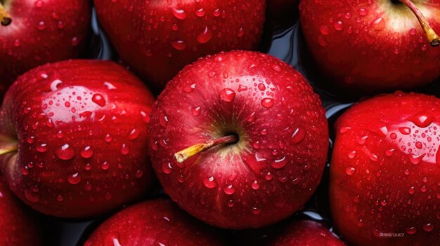 Макро свежих красных влажных яблок с каплями воды. Съешьте баннер AI ко Дню красного яблока