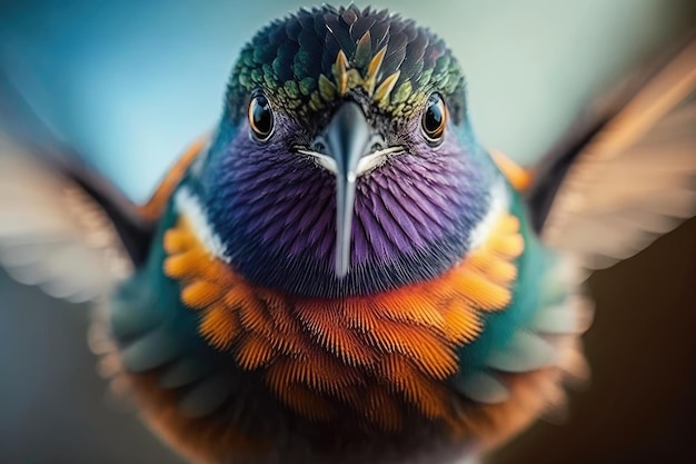 Macro frontal portrait of a hummingbird flapping its wings created with generative AI technology