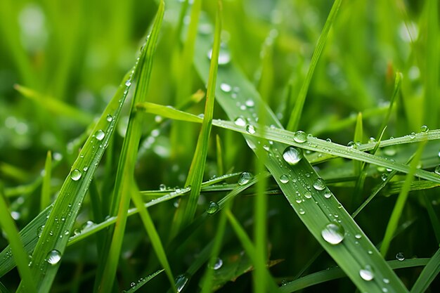 芝生上の雨滴のマクログラフィ