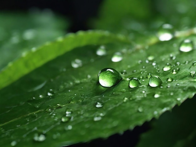 緑色の葉のマクロで大きな麗な半透明の雨滴があります