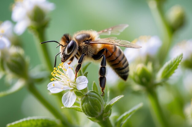 Photo macro of a honey bee apis mellifera on a mint menta piperita blossom with blurred bokeh background pesticide free