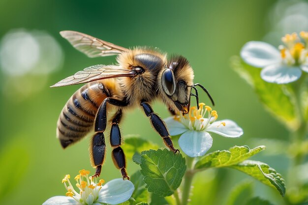 Photo macro of a honey bee apis mellifera on a mint menta piperita blossom with blurred bokeh background pesticide free