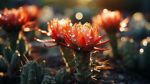 Photo macro image of beautiful cactus with bokeh sunlight