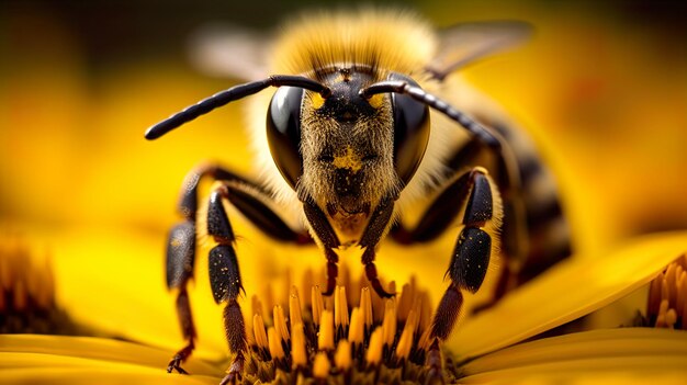 Photo macro image of a bee on yellow background shallow depth of field generate ai