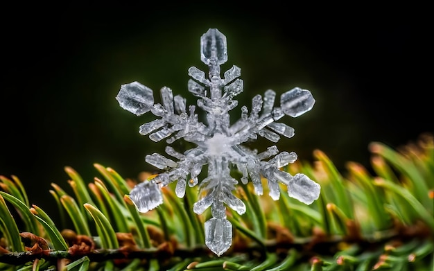 Foto un'immagine macro che cattura i delicati dettagli di un fiocco di neve poggiato su un ramo di pino evidenziato da