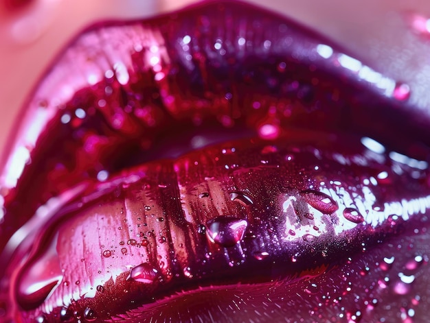 Photo a macro image capturing the sensual texture and shine of crimsoncolored lips glossed and accentuated with fine moisture droplets lips glossy crimson macro moisture shine texture closeup