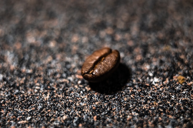 Photo macro image of a coffee bean on grey textured surface, small depth of field, selective focus