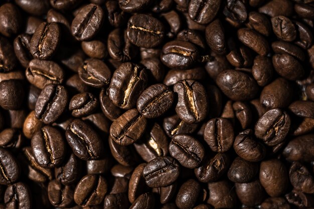 Macro image of coffee beans, small depth of field, selective focus