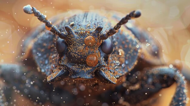 砂漠 の 甲虫 の 背中 の マクロ 画像 に は,水 を 収集 する ため の 小さな 溝 の 突起 が 示さ れ て い ます