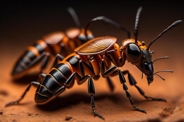 Macro image of a hornet insect on a brown background generative ai