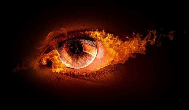 Macro image of human eye in fire. Mixed media