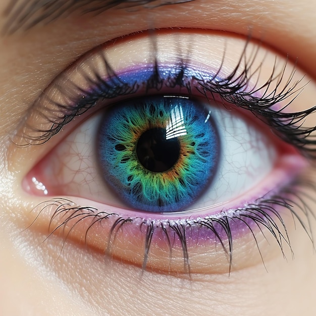 인간의 눈 렌즈의 거시 이미지 놀라운 여성 파란색과 녹색 색의 넓게 열린 눈은 낮은 빛에