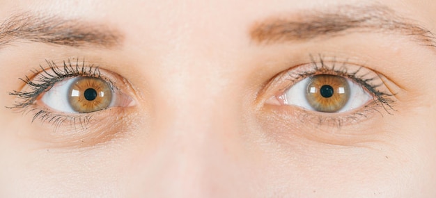 Macro image of human eye with contact lens Woman's eye closeup Human eye with long eyelashes with mascara Cosmetics and makeup