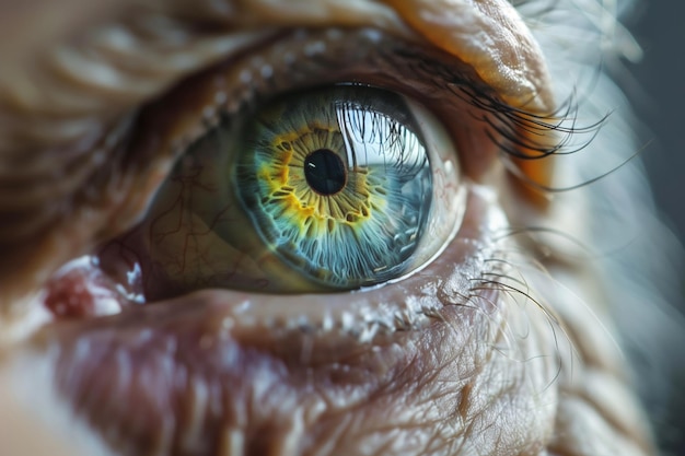 写真 人間の眼のマクロ画像で細かい虹膜のパターンと眉毛が描かれています