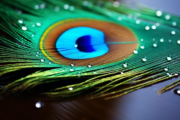 Photo macro image of peacock feather with water drops