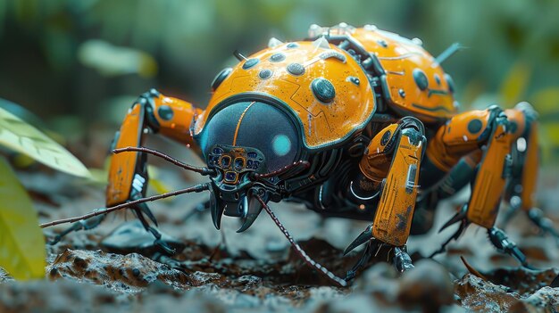 Macro image of tiny robotic insect metallic finish in a futuristic setting