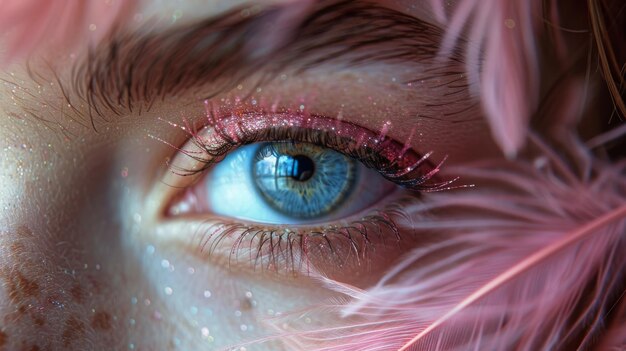 A macro image of a woman39s eye with long pink feathered fake eyelashes