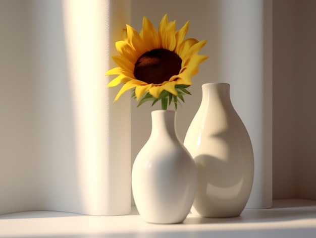 Macro an interior room showing two white vases with a sunflower in them in the style of zbrush