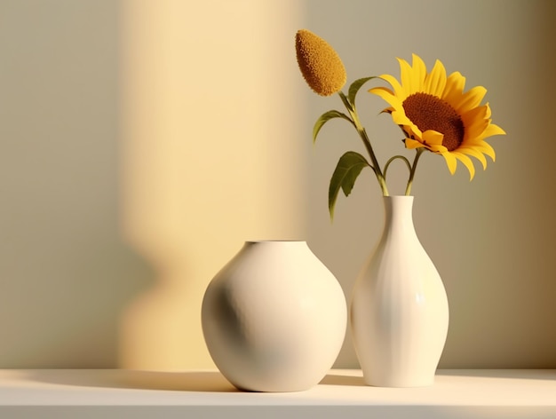 Macro an interior room showing two white vases with a sunflower in them in the style of zbrush