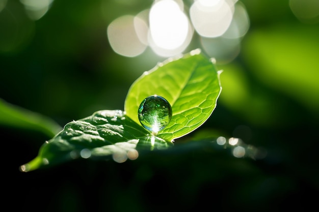 Macro large dew or raindrops on a green leaf closeup