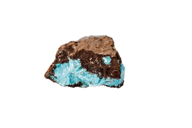 Macro mineral aurichalcite stone on microcline on white background