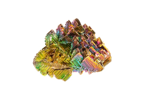 Macro of the mineral bismuth stone on a white background