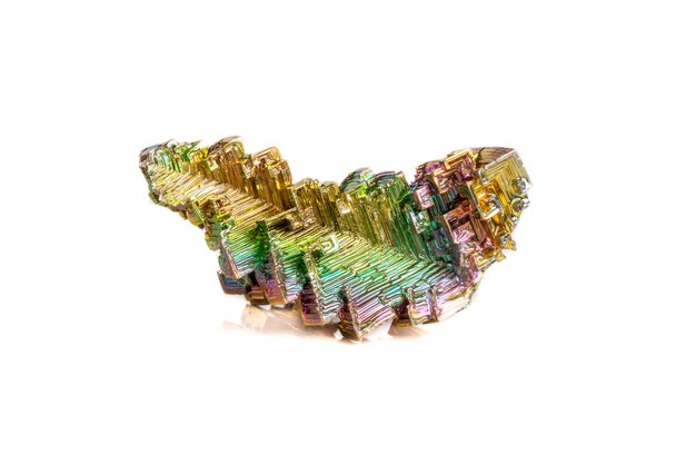 Macro of the mineral bismuth stone on a white background