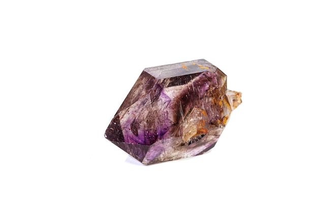 Macro mineral stone Amethyst on smoky quartz on a white background