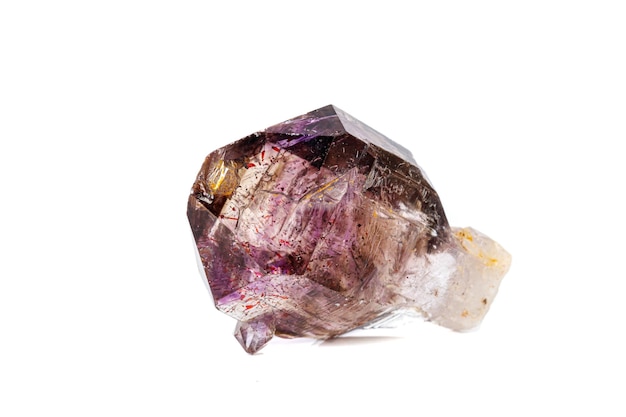 Macro mineral stone Amethyst on smoky quartz on a white background