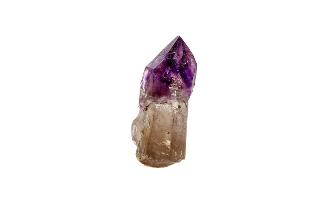 Macro Mineral Stone Amethyst together smoky quartz rauchtopaz on a white background