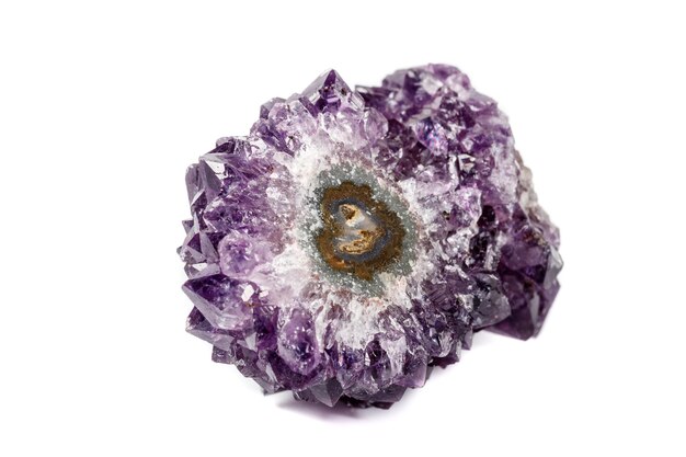 Macro mineral stone Amethysts eye crystals on white background