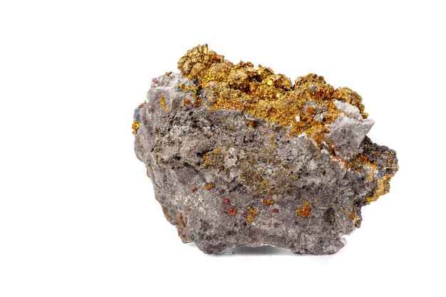 Macro mineral stone Chalcopyrite on a white background