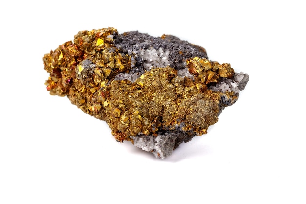 Macro mineral stone Chalcopyrite on a white background