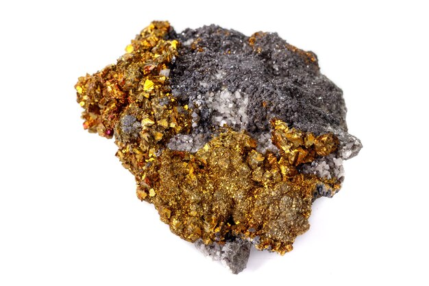 Macro mineral stone Chalcopyrite on a white background