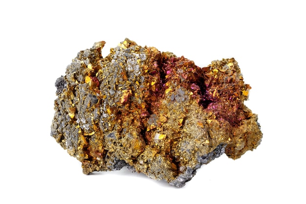 Macro mineral stone Chalcopyrite on a white background