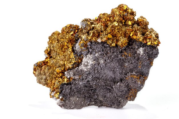 Macro mineral stone Chalcopyrite on a white background